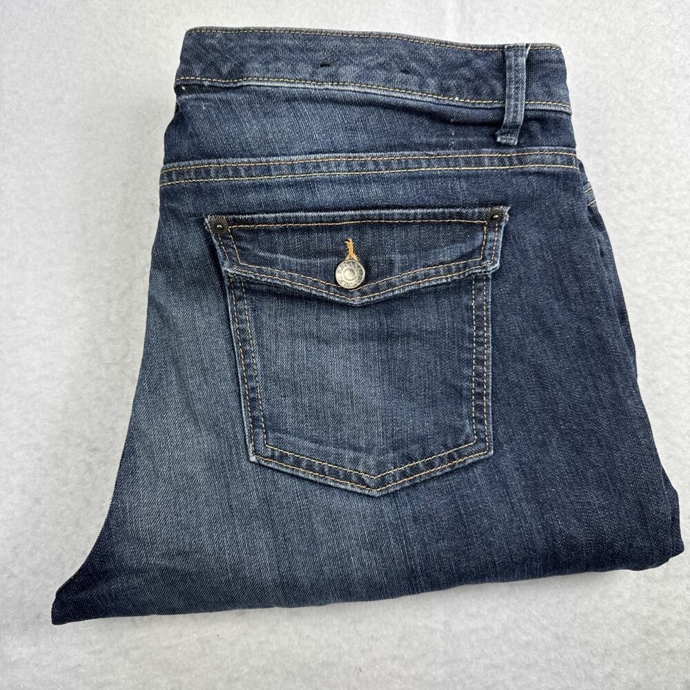 Banana Republic Jeans Womens 32L Blue Denim Flare Leg Flap Pockets Low Dark Wash